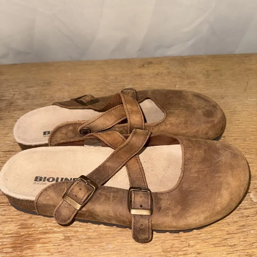 Bioline Brown Leather Mules Double Buckle EU 42 Made in Italy Lagenlook European